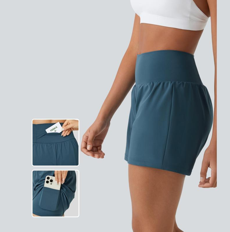 Shorts Compressão 2 em 1 Bolso Traseiro e Lateral Oculto, Ajuste Elástico e Confortável